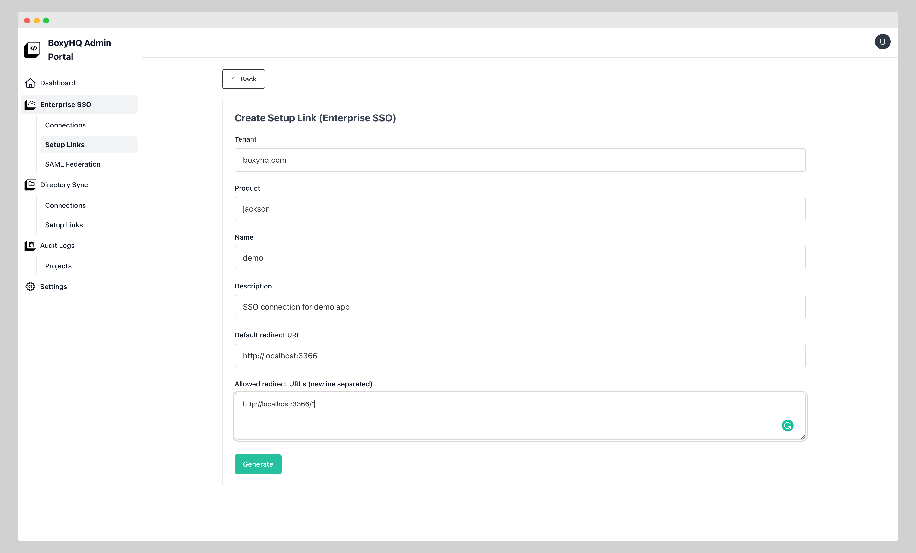 create setup link page